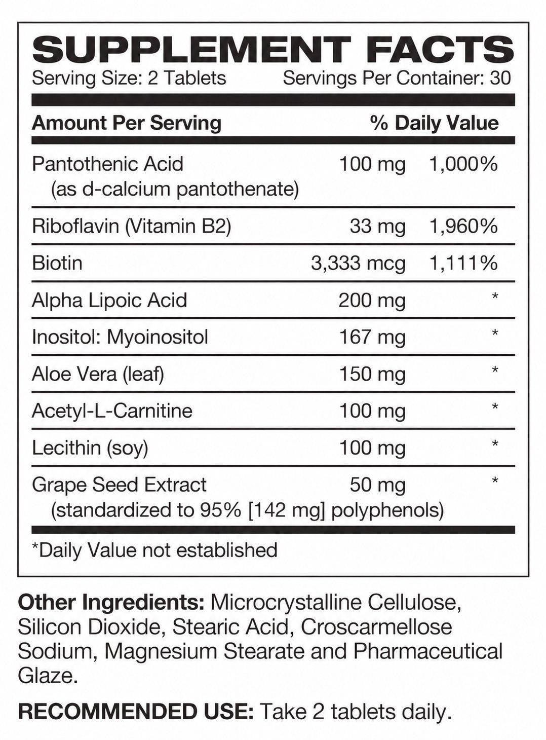 Ultra Nerve Support Supplement Facts. Serving size: 2 tablets. 30 servings per container. Recommended use: Take 2 tablets daily.