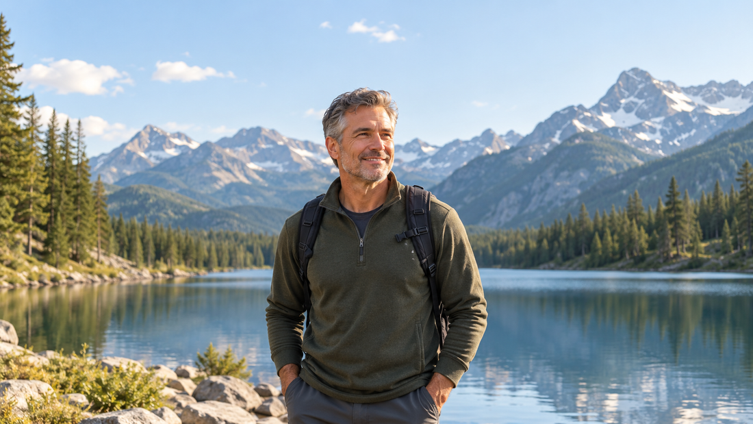 Man over 50 outdoors by a mountain lake