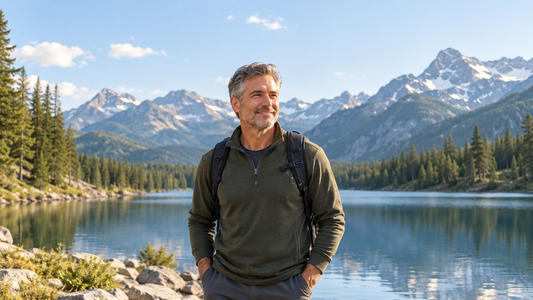 Man over 50 outdoors by a mountain lake