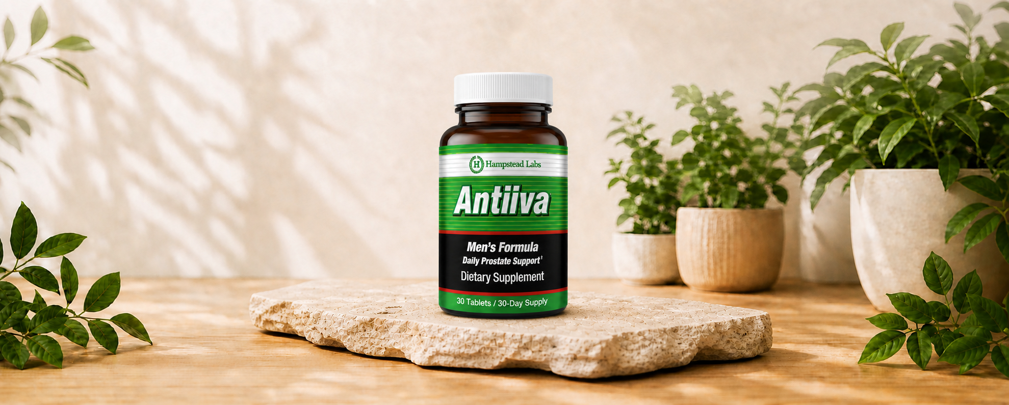 Antiiva Classic Formula amber bottle with white cap on natural stone