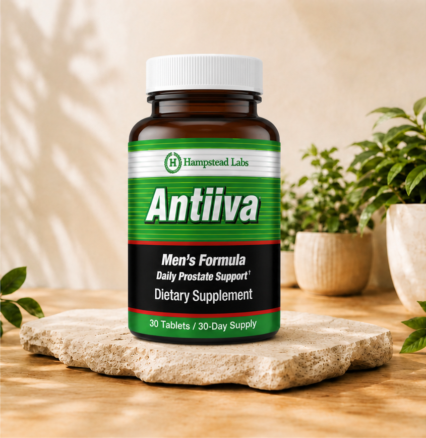Antiiva Classic Formula amber bottle with white cap on natural stone